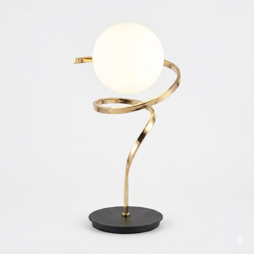 Candeeiro de Mesa Espiral Dourado e Globo Branco