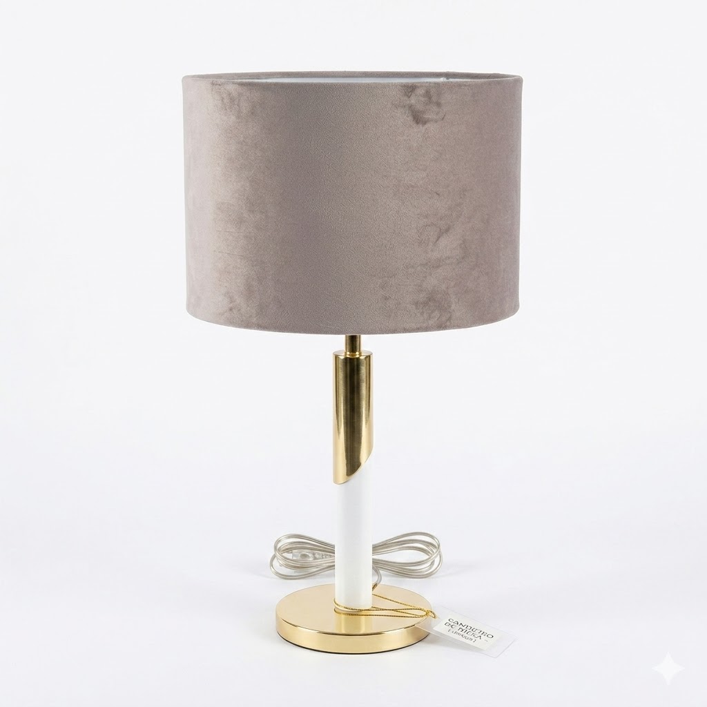 Candeeiro Branco e Dourado  com Abajur Veludo