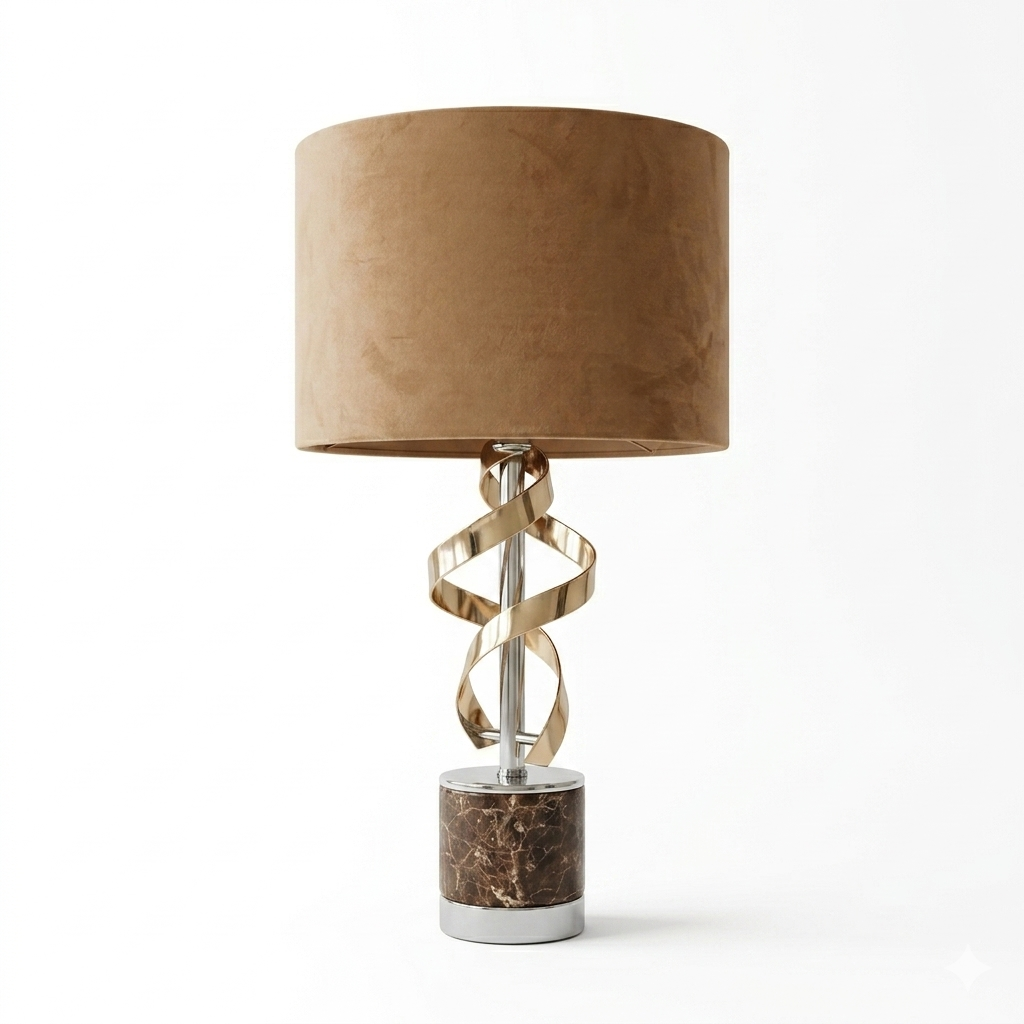 Candeeiro de Mesa com Base de Mármore e Design em Espiral - Abajur Castanho