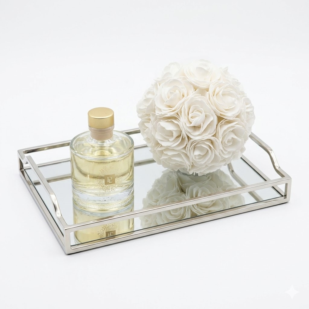 Tabuleiro Decorativo Retangular com Espelho e Detalhes Prateados