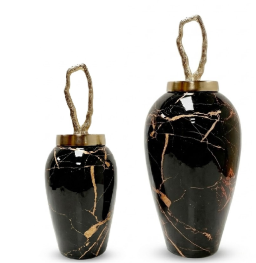 Conjunto potes efeito mármore preto c/ dourado