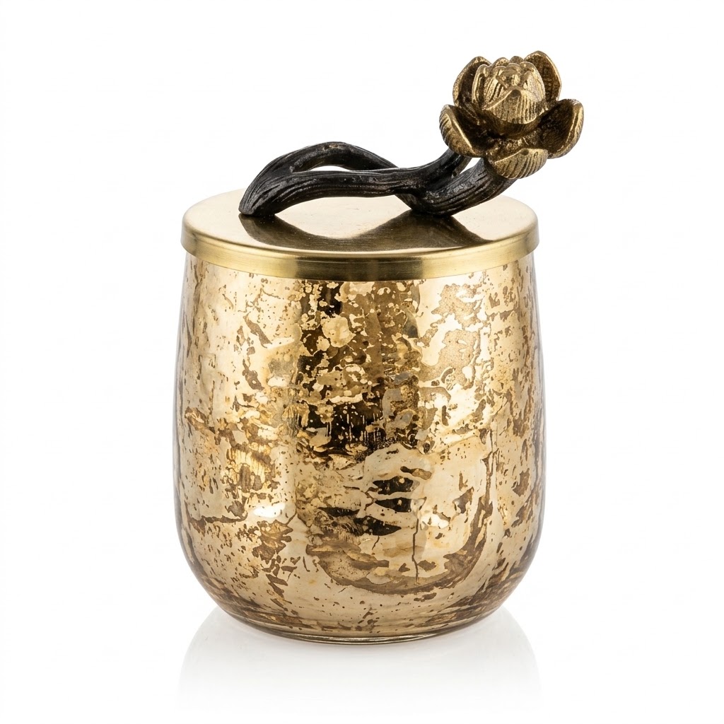 Frasco em vidro martelado dourado e tampa com flor - tam. M