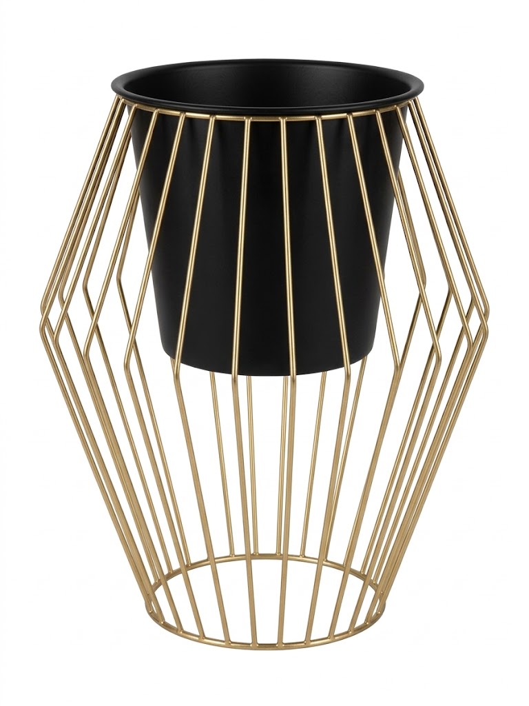 Floreira de pé geométrica dourada com vaso preto